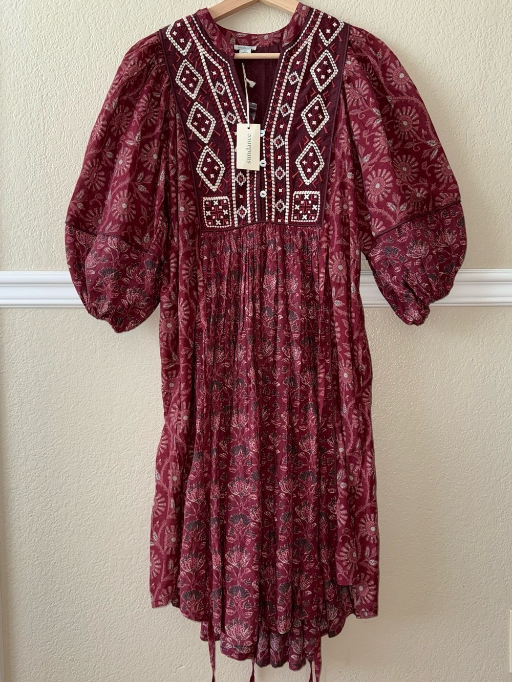 NEW Sundance Lizet Dress Embroidered Puff Sleeve Cotton Blend Boho Size XS
